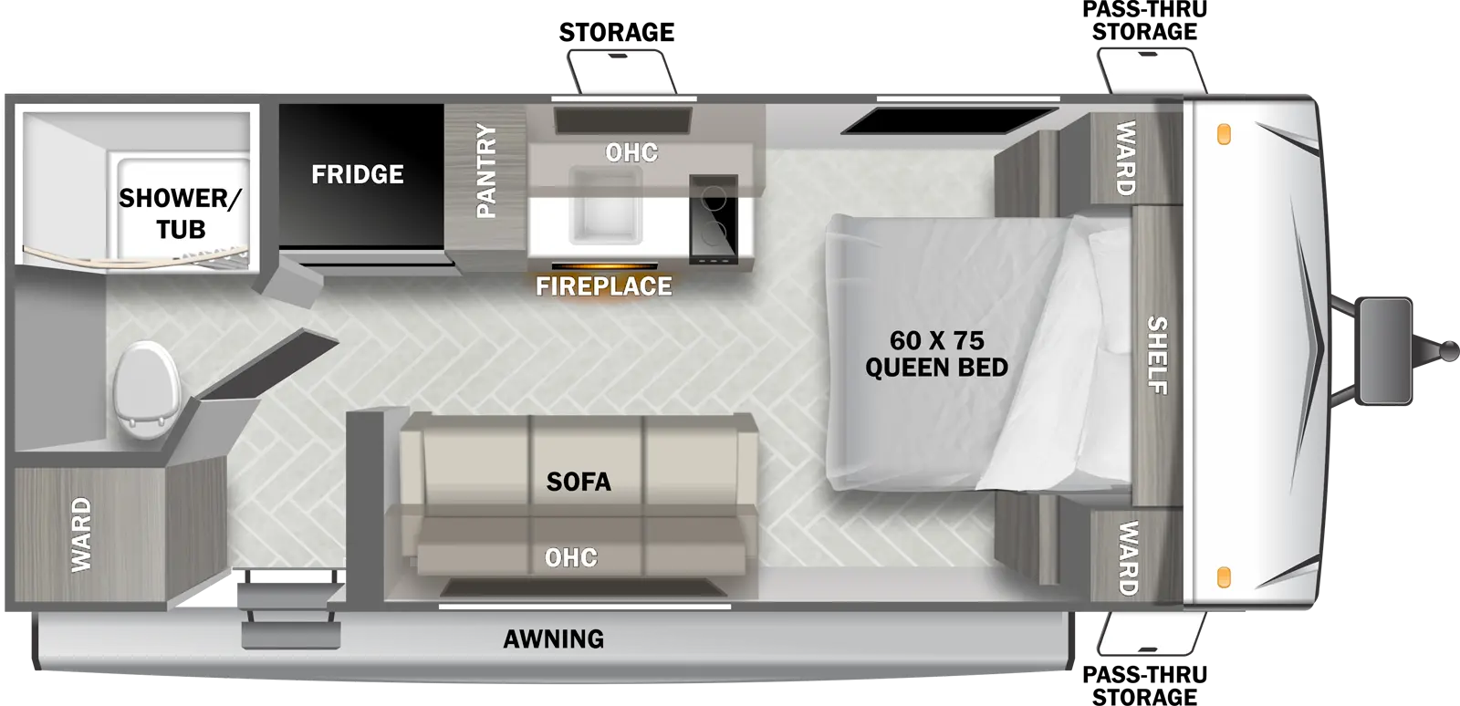 The T176BQCE has zero slideouts and one entry. Exterior features an awning, and pass-through storage. Interior layout front to back: foot-facing queen bed with shelf, and wardrobes on each side; door side sofa, overhead cabinet, and entry door; off-door side kitchen counter with cooktop, sink, fireplace, overhead cabinet, pantry, and refrigerator; rear wardrobe, and bathroom with toilet and shower/tub only.